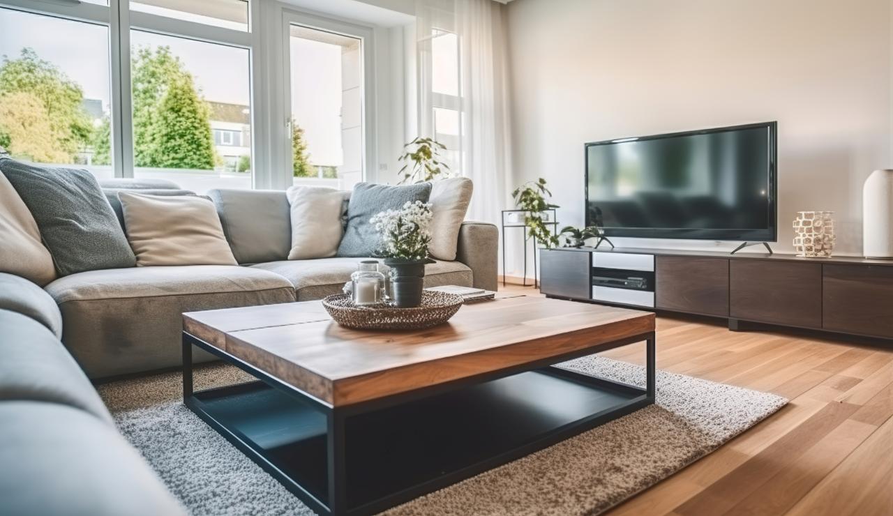  Comfortable corner couch and wooden coffee table placed in front of modern TV set